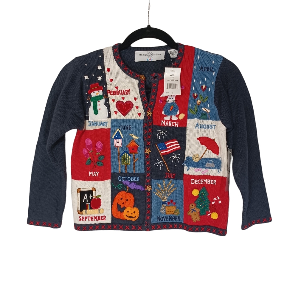 MARISA CHRISTINA KIDS Holiday Monthly Knit Button Front Blue Sweater 4-6X NWT
